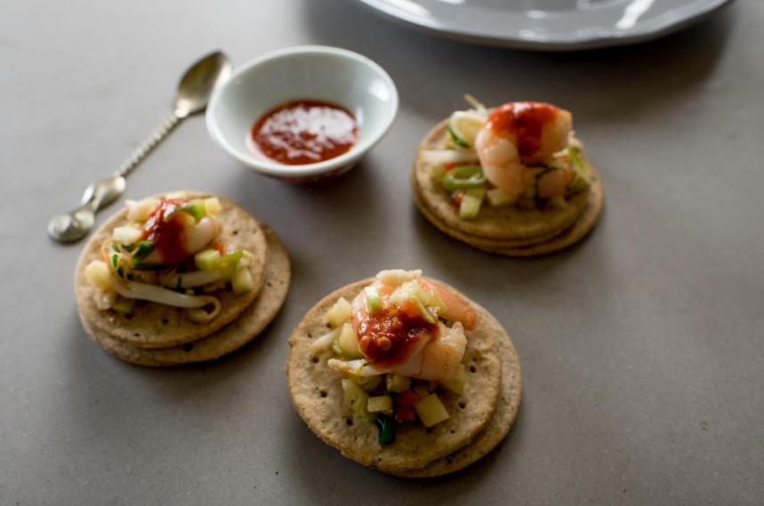 Asian spice prawns topped with kimchi. 