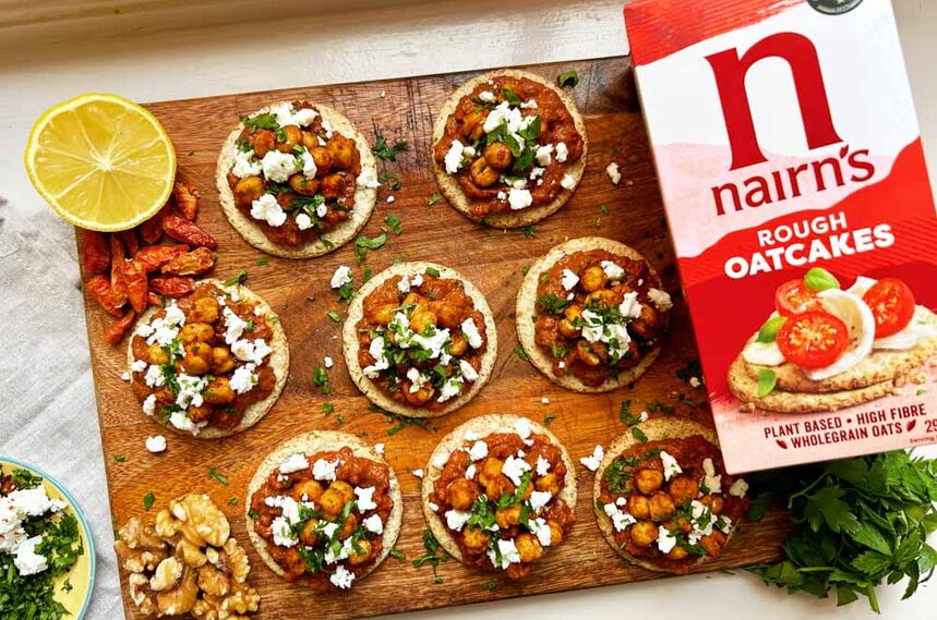 Muhammara Oatcakes with Crispy Chickpeas & Feta